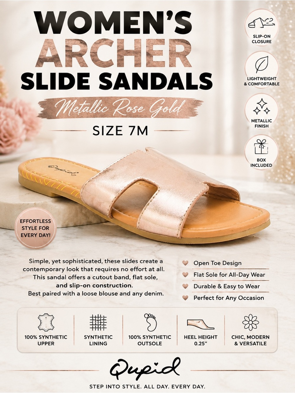 Archer Slide Sandals Metallic Rose Gold
